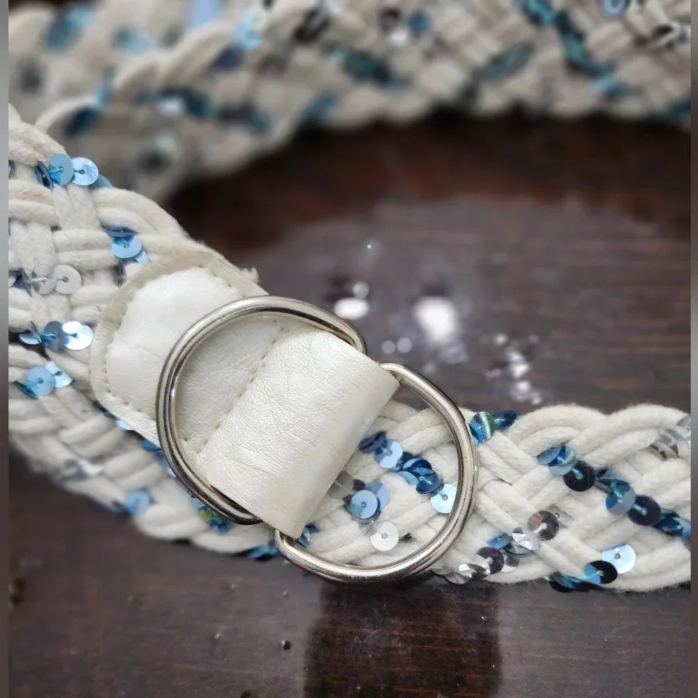 👸👖🩳 White Braided D-ring Belt with blue & silver sequins